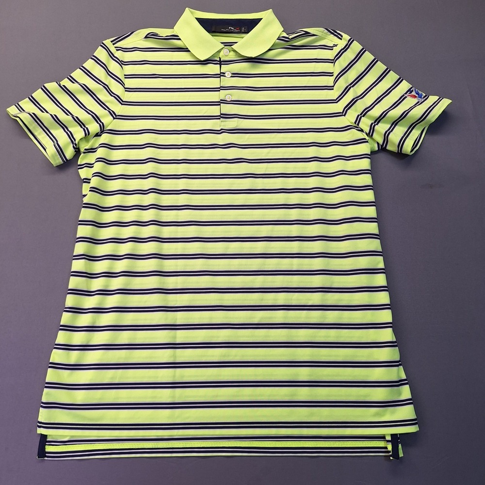 RLX Ralph Lauren‎ Mens Golf Polo Shirt Neon Lime Green Navy Blue Striped Large